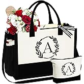 YOOLIFE Gifts for Women - Initial Canvas Tote Bag Makeup Bag, Valentines Day Gifts for Women Teacher Mom Wife Friend Birthday