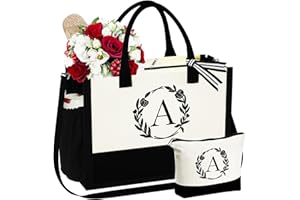 YOOLIFE Christmas Gifts for Women - Initial Canvas Tote Bag Makeup Bag, Gifts for Women Mom Wife Teacher Friend Birthday