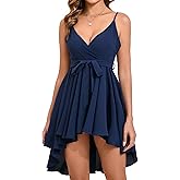 LYTHMER Women's Ruffled Bow Tie Short Dress Casual Sleeveless V Neck Spaghetti Strap Tiered Mini Dress