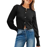 Saodimallsu Womens Cropped Cardigan Sweaters Crew Neck Button Down Long Puff Sleeve Loose Knit Fall Trendy Sweater Tops