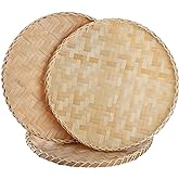 Suwimut 3 Pieces Handmade Bamboo Woven Basket Tray, 13 Inch Round Flat Wicker Baskets, Shallow Food Storage Serving Trays Decorative Wall Hanging Baskets for Breakfast, Fruit, Snacks (Beige)