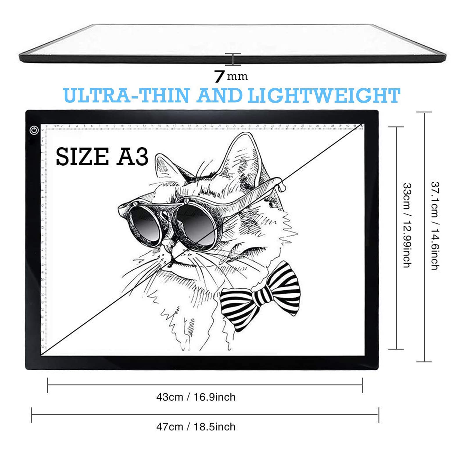 Light Box Drawing Pad A3, Tracing Board with Type-C Charge Cable and Brightness Adjustable for Artists, AnimationDrawing, Sketching, Animation, X-ray Viewing (A3-S)