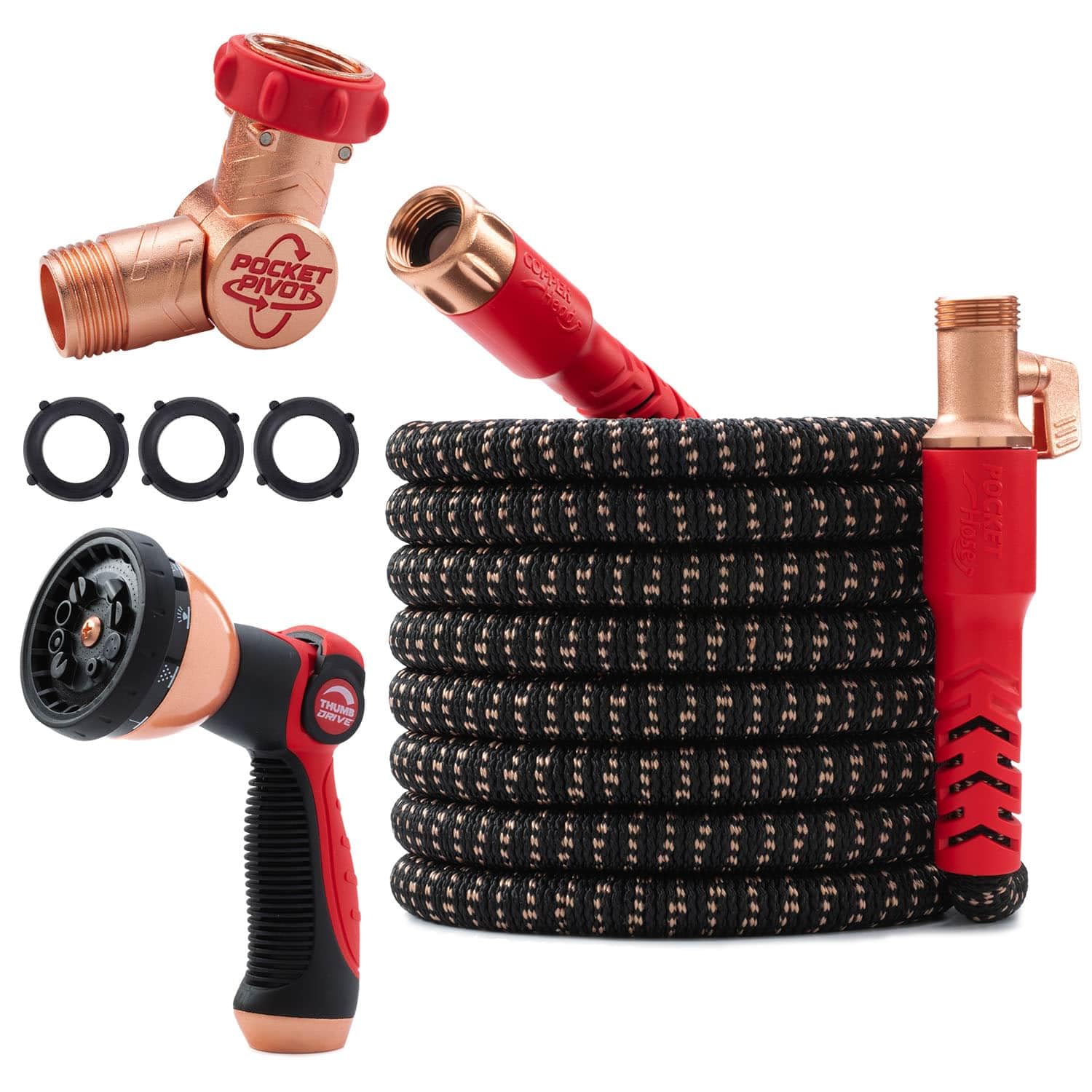 Photo 1 of Pocket Hose Copper Head UV w/Pocket Pivot, Expandable Garden Hose 75 FT w/10 Pattern Thumb Sprayer AS-SEEN-ON-TV 650psi 3/4in Ultra-Light Solid Copper Anodized Aluminum Fittings No-Kink No-Lead