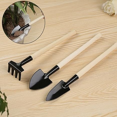EMVANV 3 Mini Garden Tools Schaufel Harke Spaten Garten-Topfpflanzen lösen Boden Set Holzgriff Garden Tools Kinder Werkzeug