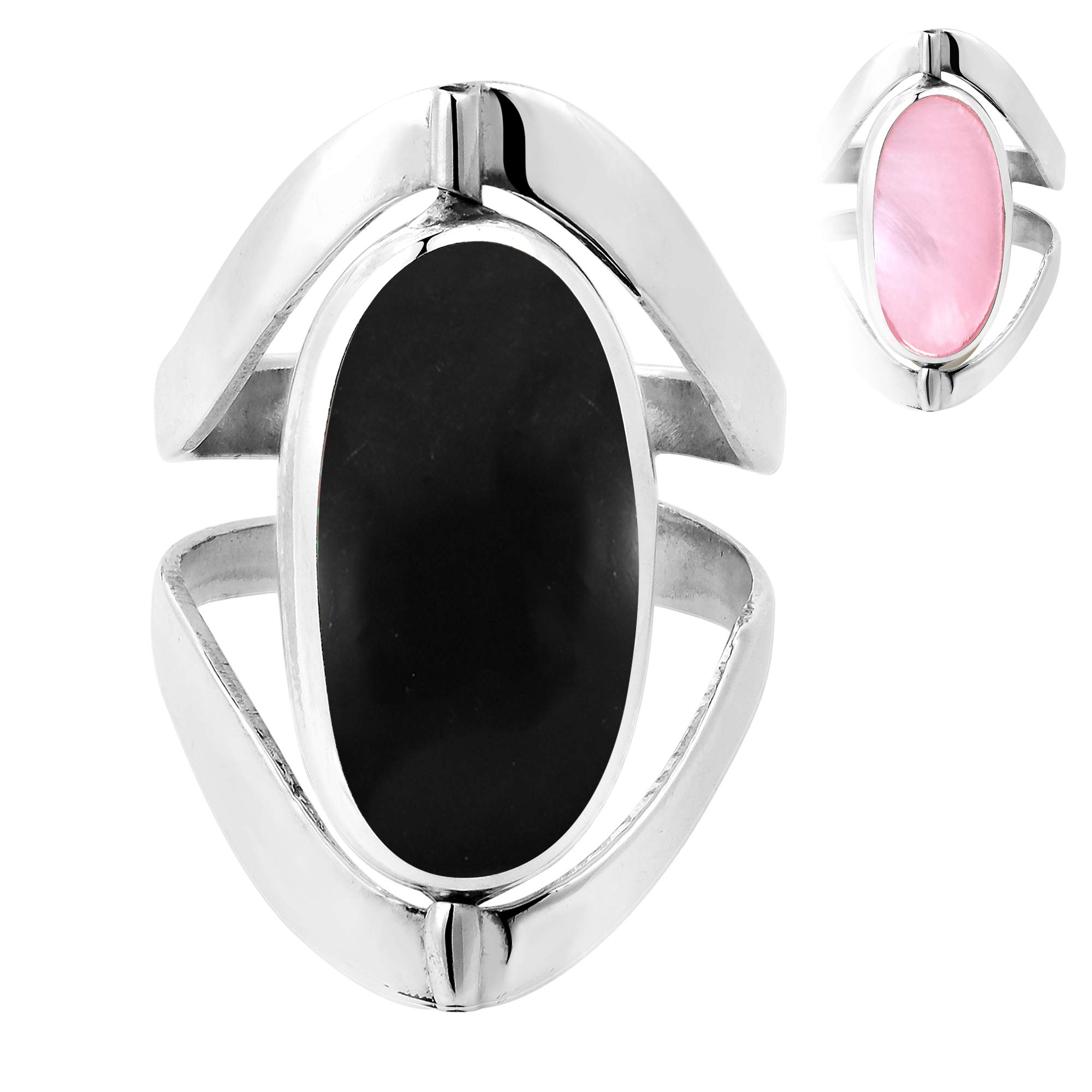 AeraVida Two in One Oval Simulated Black Onyx and Mother of Pearl Inlay .925 Sterling Silver Ring