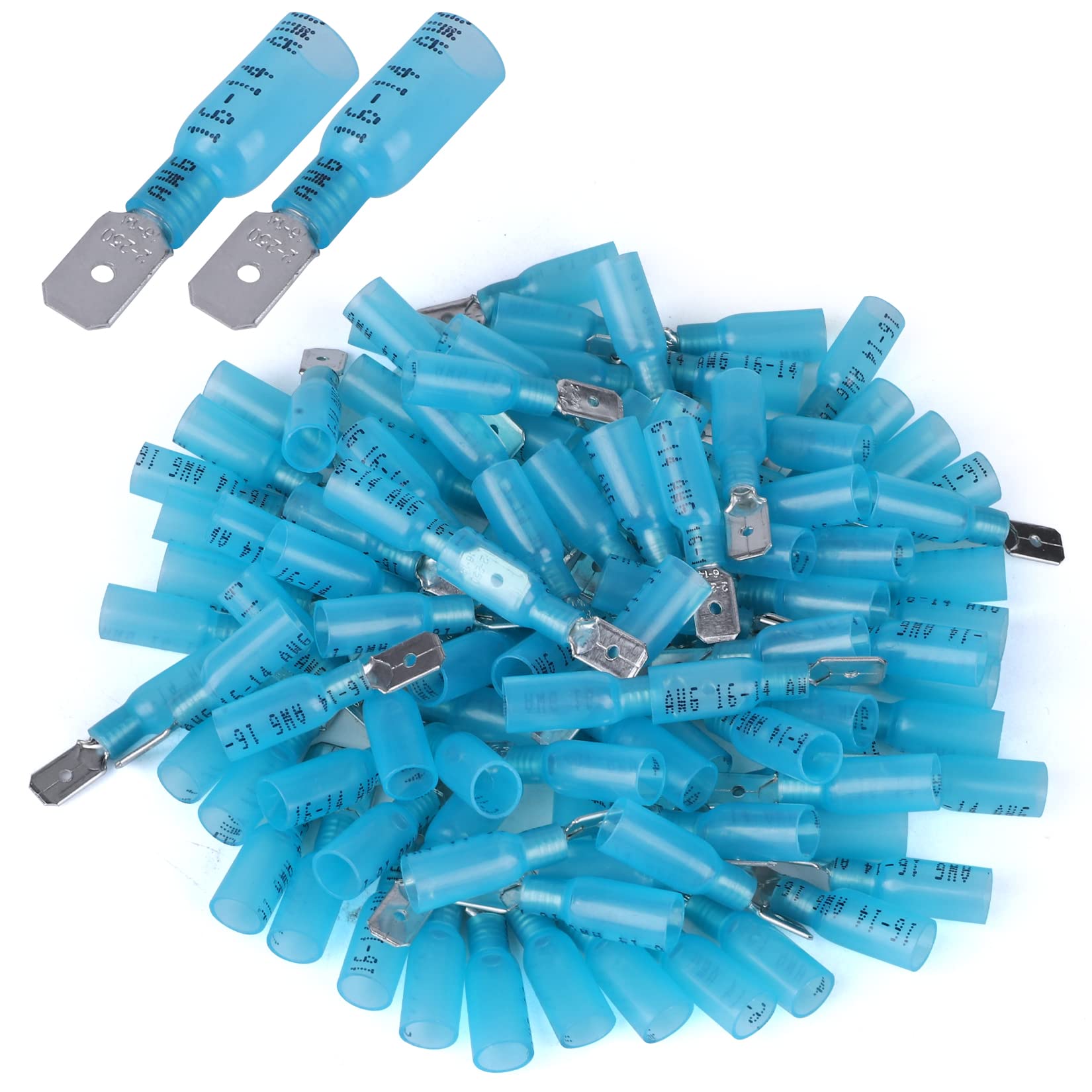 Photo 1 of 100 PCS 16-14 AWG Waterproof Heat Shrink Quick Disconnect Connectors, Crimp Electrical Wire Male Spade Connectors Insulated Disconnect for Marine Automotive Motorcycle Home Wiring (Blue)
