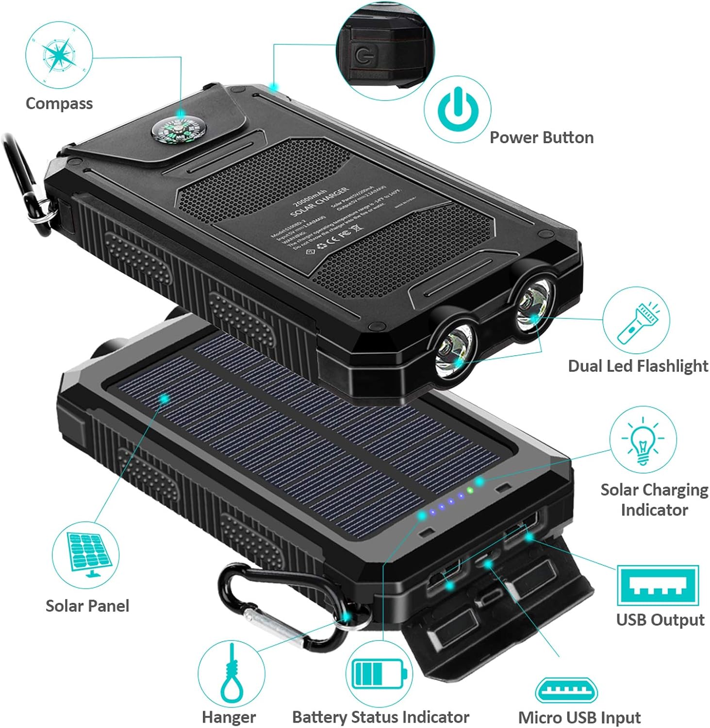 Solar Charger, 20000mAh Solar Power Bank for Camping Outdoor, with 2 Led Flashlight and 2 USB Output Ports, Portable Solar Battery Charger for Cell Phone (iPhone Ipad Android): Electronics