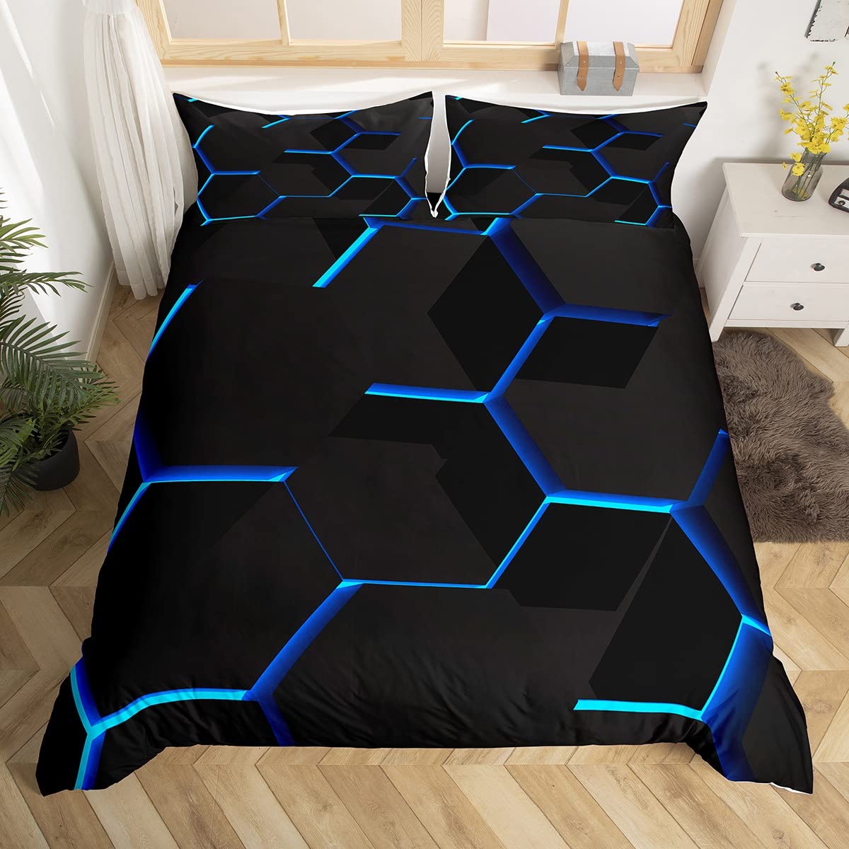 Blue Honeycomb Duvet Cover Geometric Honeycomb Comforter Cover Hexagon Bedding Set Honeycomb Bedspread Cover Simplistic Decor King Size Bedclothes Zipper — image 1