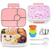ANDMOON Bento Box for Kids Lunch Box Leak-Proof, Bento Lunch Box with 5 Compartments, Lunch Containers with 3 Silicone Baking Cups, Microwave/Dishwasher Safe (43OZ) (Pink with snack cup)