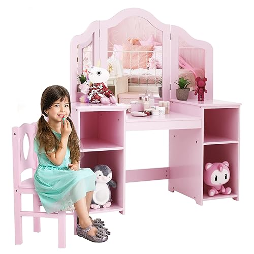 MAMIZO Kids Vanity Table, Girls Wooden Vanity Set, in Princess