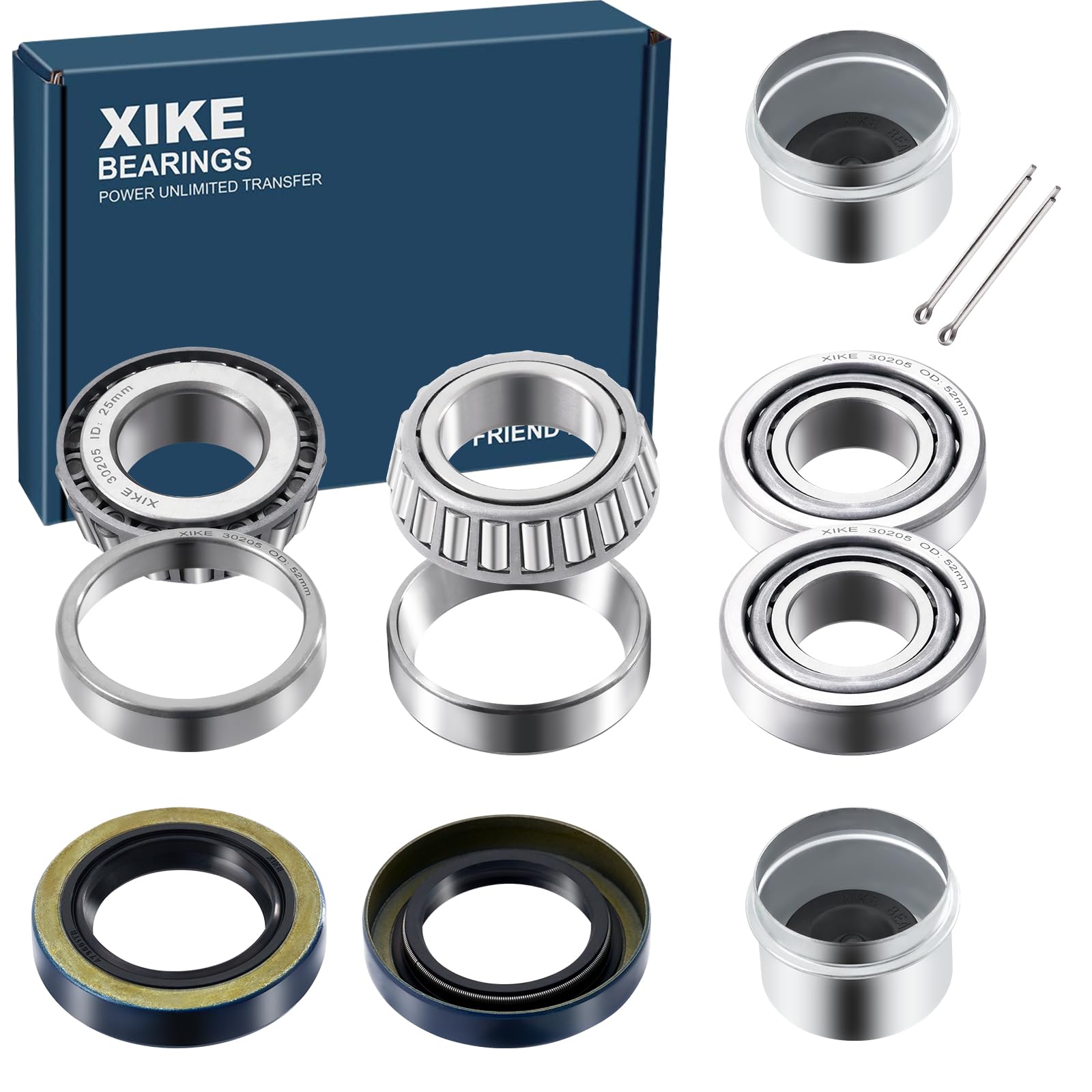 Photo 1 of XiKe 2 Set Fits 25mm Axles Trailer Wheel Hub Kit, 30205 Bearings, 473551TB Seal, OD 52mm Dust Cover and Cotter Pin.