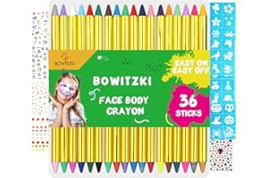 Bowitzki Face Paint Crayons for Kids 36 Jumbo Body Painting Marker Sticks Makeup Crayon Kit For Party Christmas Halloween with Face Painting Stencils Nail Sticker Jewels