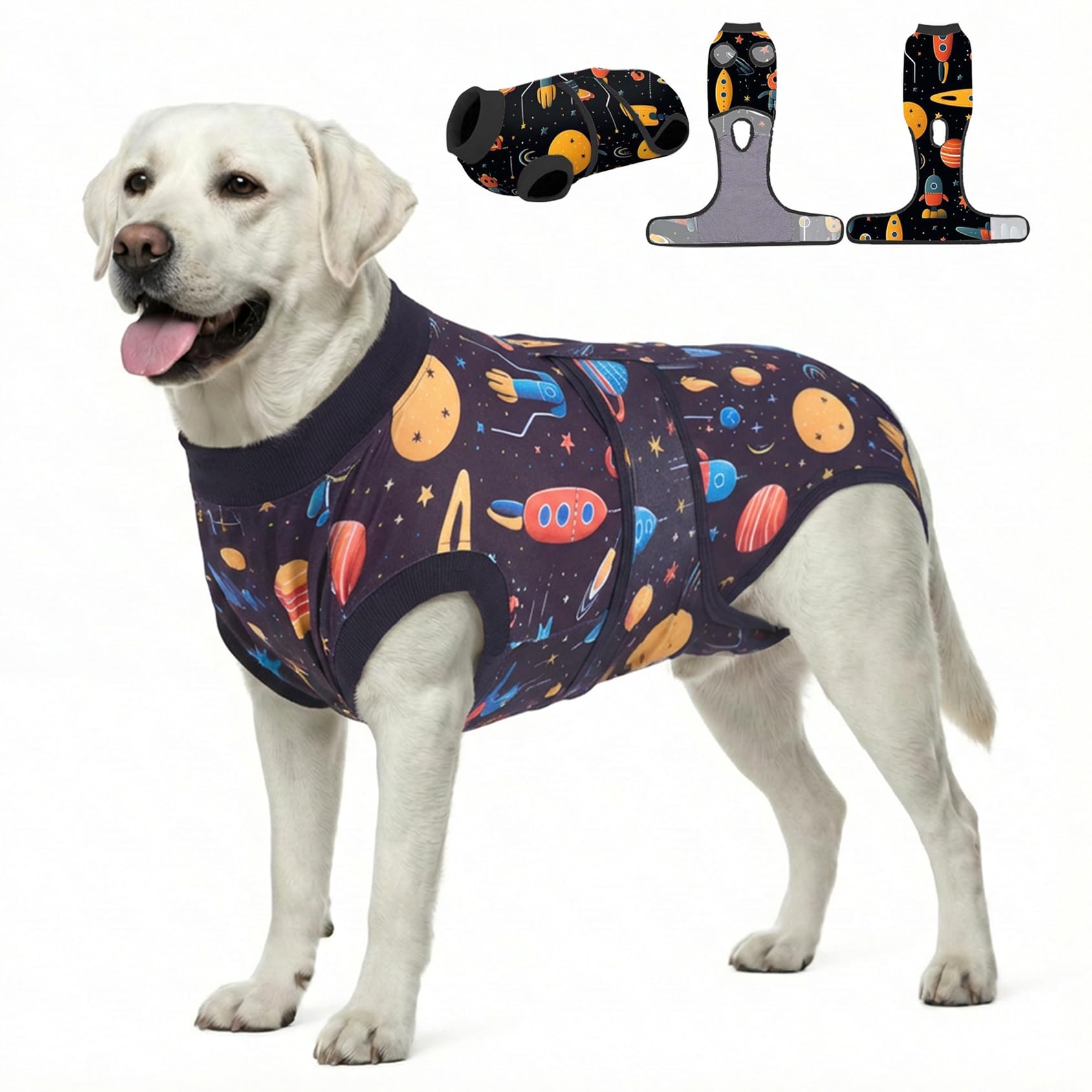 PetWarm Dog Surgical Suit, Substitute E-Collar and Cone Anti-Licking Dog Surgery Recovery Suit Soft, Surgical Suits for Male Dogs After Neutering, Cosmic Pattern, Black Gold, 2XL