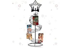 Cinnvoice Metal Christmas Card Holder 19.6" Spiral Xmas Tree Gift Card Photo Picture Holder Stand with Nativity Star Topper Tabletop Display Decorative for Christmas Holiday Decor(Black,Elegant Style)