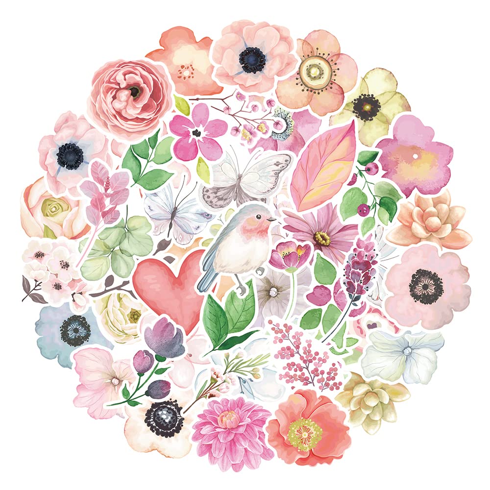 MARSFORCE Flowers Stickers Set, Lovely Gift for Kids Teens Adult, Cute Waterproof Vinyl Sticker for Laptop Water Bottle Skateboard Scooter Bike Bumper Helmet Luggage Suitcase Guitar [50 PCS]