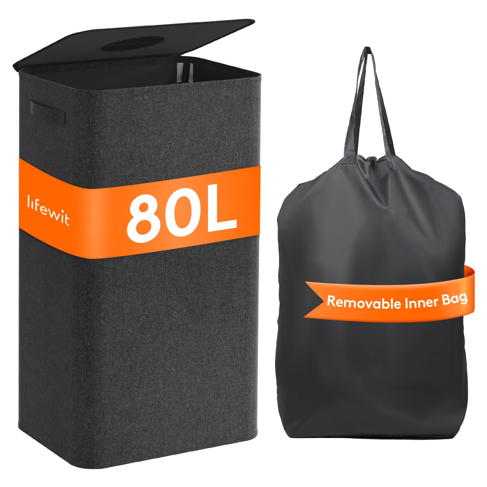 Lifewit 80L Large Laundry Hamper with Lid, Collapsible Laundry Basket with Lid and Reusable Inner Bag, Tall Dirty Clothes Hamper for Laundry Room, Bathroom, Dorm, Bedroom, Black