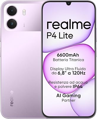 Smartphone realme P4 Lite 4G, 4GB+128GB, Display LCD HD 120Hz 6,8", Batteria Titan 6600mAh, Ricarica 15W, Ricarica inversa 6W, IP64, Sistema Next AI, Viola Pulse (Senza caricabatterie)