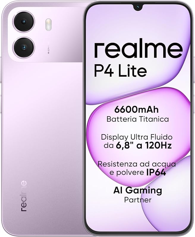 Smartphone realme P4 Lite 4G, 4GB+128GB, Display LCD HD 120Hz 6,8", Batteria Titan 6600mAh, Ricarica 15W, Ricarica inversa 6W, IP64, Sistema Next AI, Viola Pulse (Senza caricabatterie)