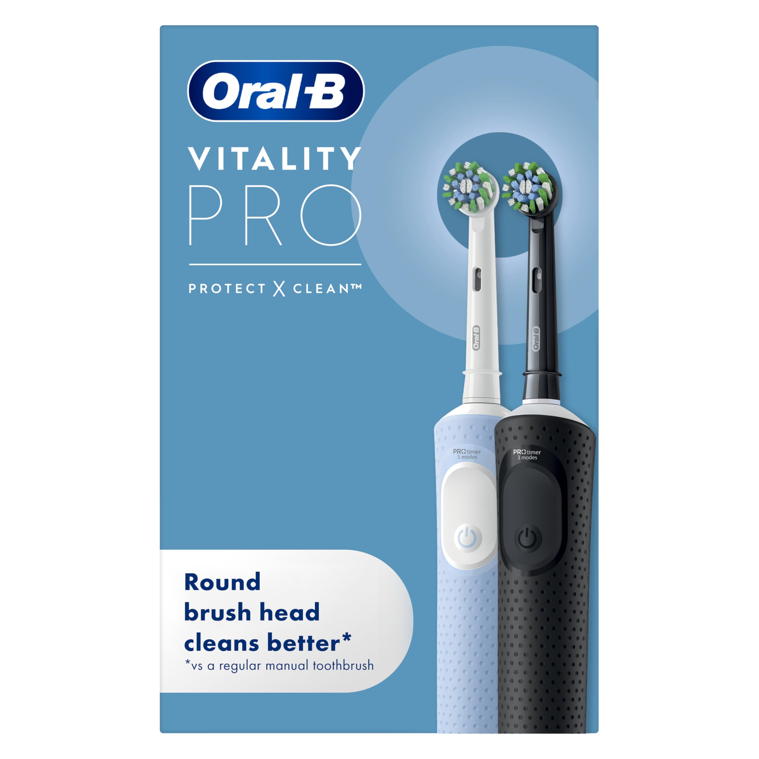 Oral-B Vitality Pro 2x Electric Toothbrushes For Adults, 2 Toothbrush Heads, 3 Brushing Modes Including Sensitive Plus, 2 Pin UK Plug, Black & Blue