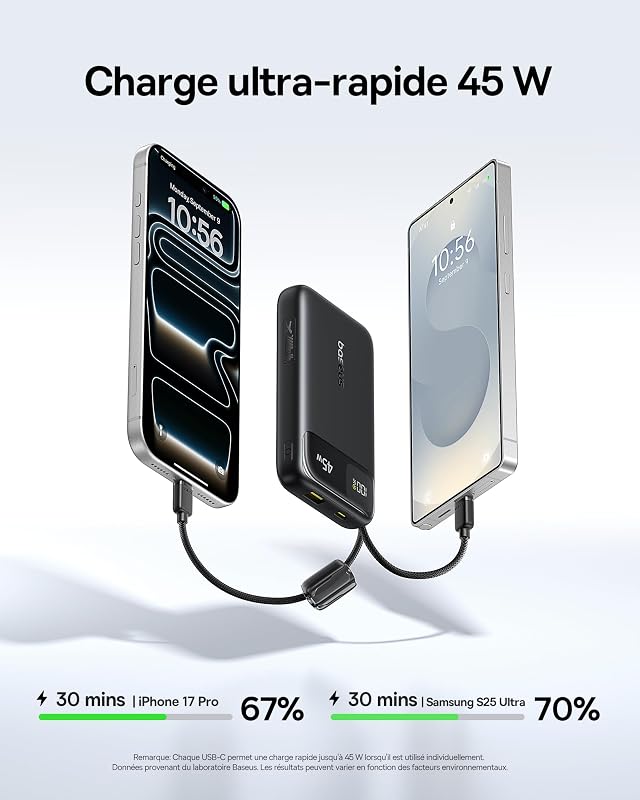 FC11 Powerbank Compact 45W 20000mAh avec 2 Câbles USB-C Intégrés, CCC Certifiée Batterie Externe PD Charge Rapide, Mini Power Bank pour iPhone 18/17/16 Pro Max, Samsung Galaxy S25/S24, Noir