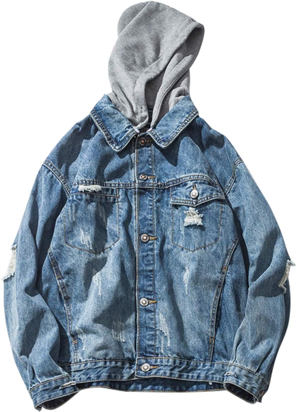 Omoone Men's Button Up Washed Denim Hoodie Distressed Jean Trucker Jacket Coats