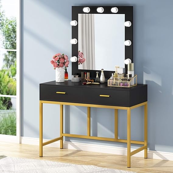Amazon Com Tribesigns Vanity Table With Lighted Mirror Makeup Vanity Dressing Table With 9 Lights And 2 Drawers For Women Dresser Desk Vanity Set For Bedroom Gold Black Kitchen Dining