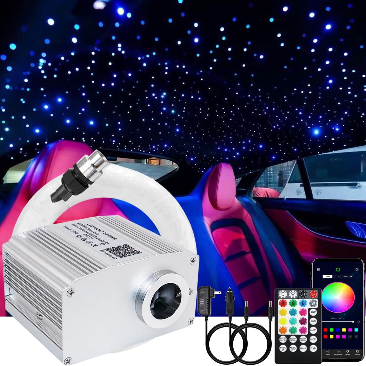 Kingmaled 10W Twinkle App Fiber Optic Star Ceiling Light Kit, Car Home Use Bluetooth RGBW Music Activated LED Engine Driver + Cables, 200pcs*0.03in/0.75mm*6.5ft/2m + 28key Remote Control