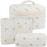 Anfly Makeup Bag, Quilted Cosmetic Bags, Large Floral Make Up Bag for Women, Cute Cotton Makeup Bag 3PC Set, Travel Toiletry Bag (White)