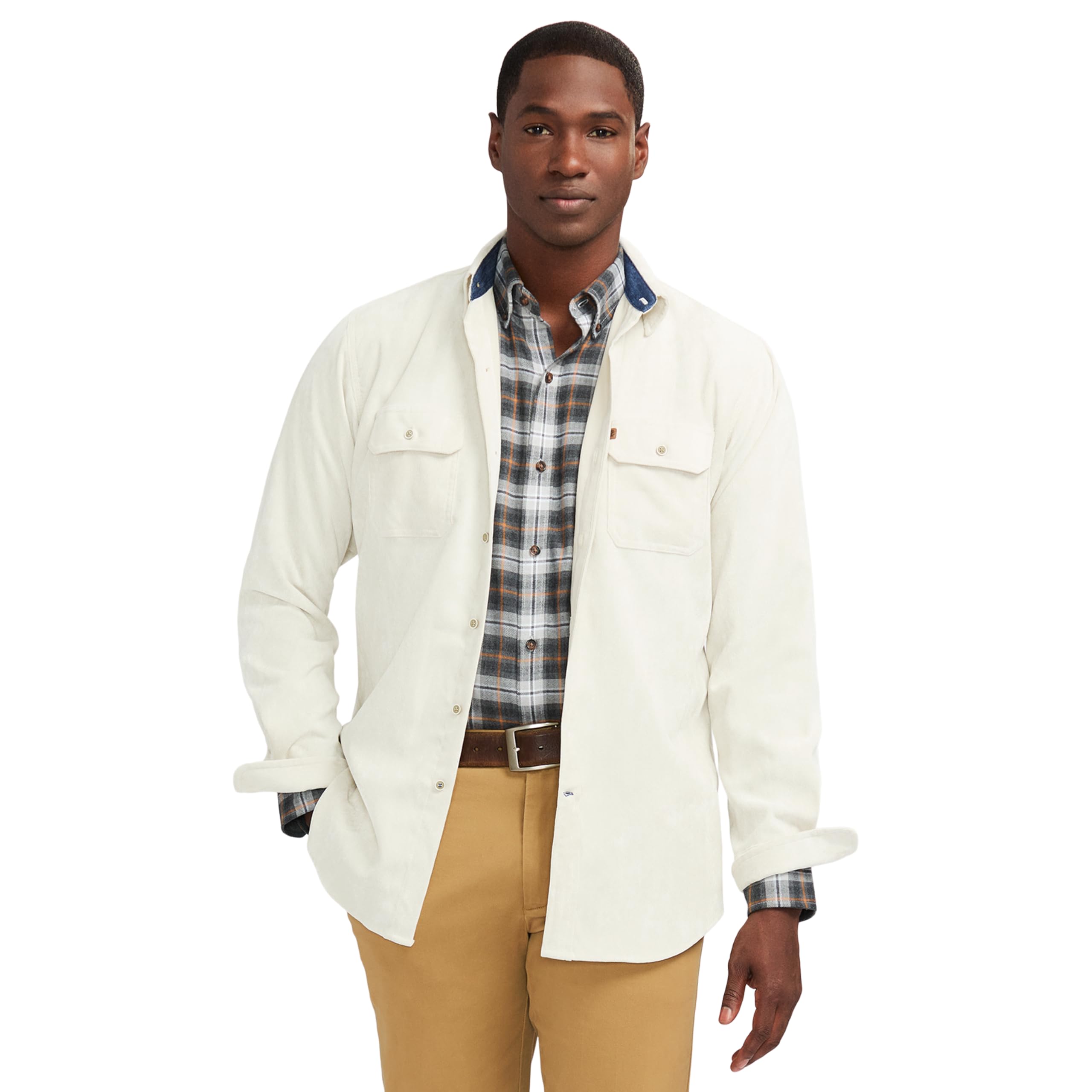 Izod Men’s Stratton Flannel Long Sleeve Button Down Shirt, Silver Birch, Medium