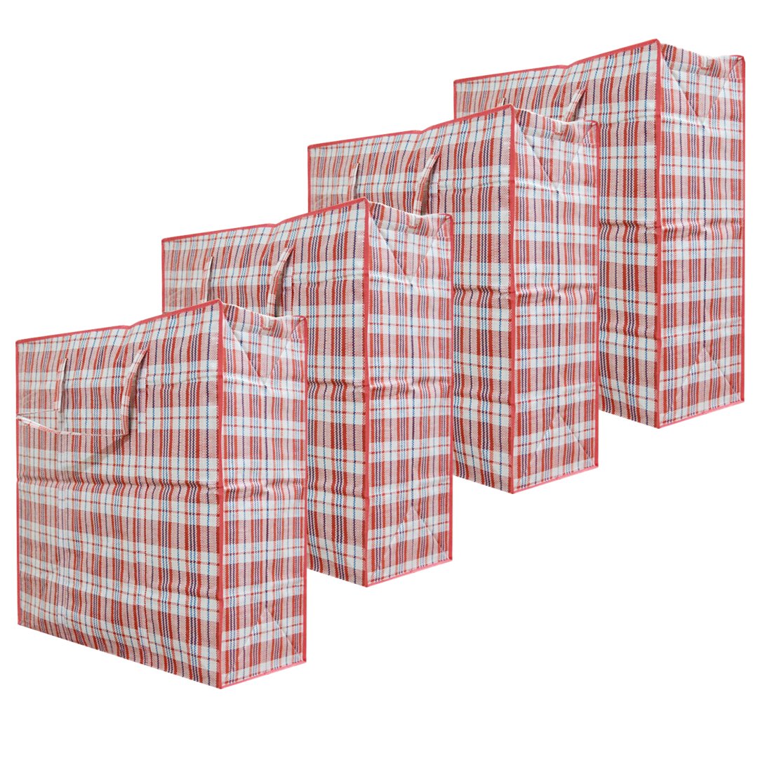 Set of 4 Extra-Large Plastic Checkered Storage Laundry Shopping Bags W. Zipper & Handles Size 23"x23"x5" Assorted Colors