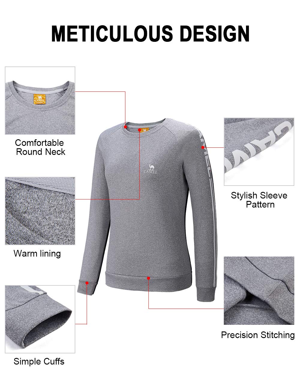 Camel Crewneck Sweatshirt for Women Casual Comfy Long Sleeve Loose Workout Tops(Grey L)