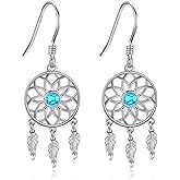 Dream Catcher Earrings 925 Sterling Silver Turquoise Lotus Dreamcatcher Earring Dangle Native American Dream Catcher Jewelry Protection Jewelry for Women Mother