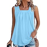 JOLIGAL Womens Tank Tops Summer Square Neck Pleated Sleeveless Top Casual Loose Fit Basic Shirts