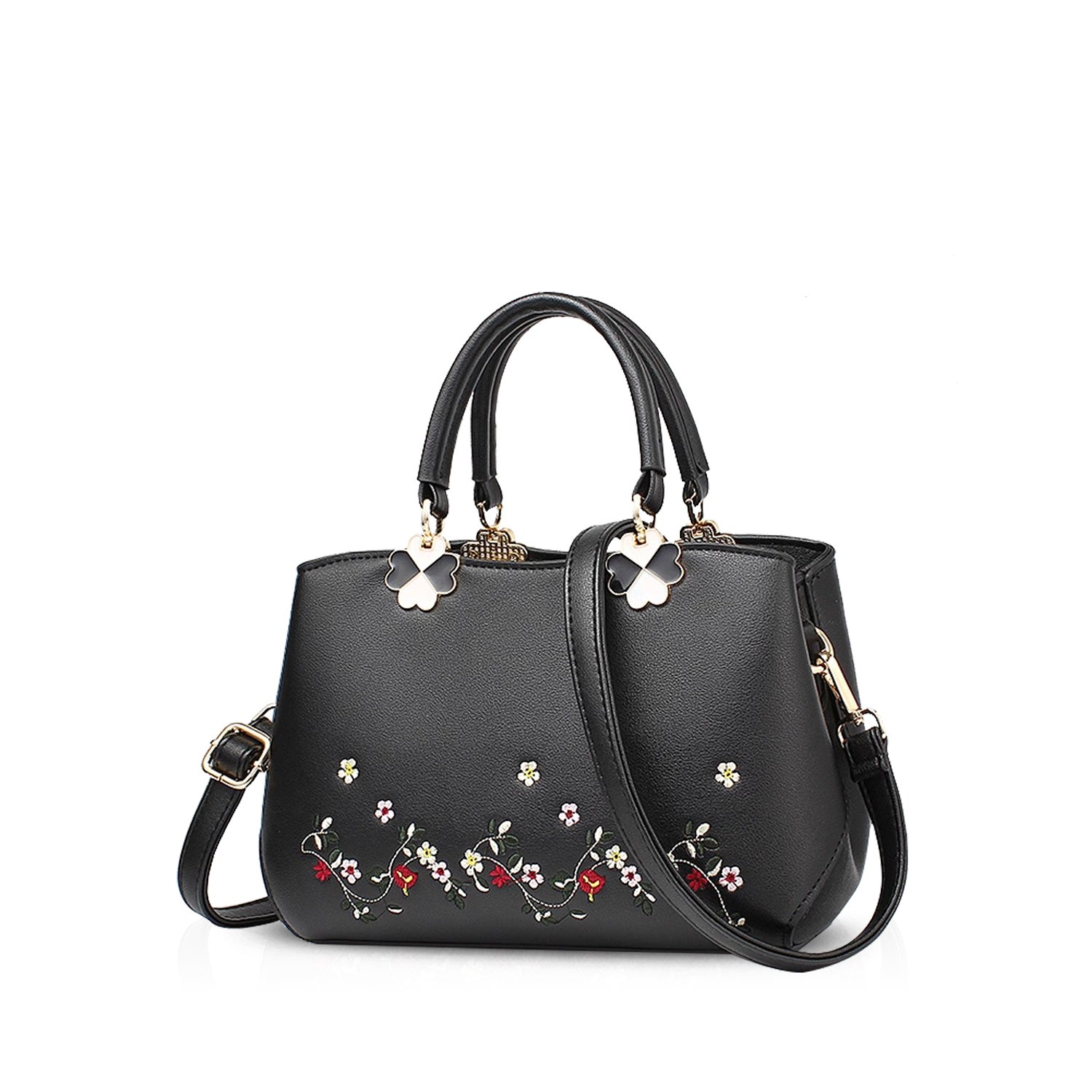 NICOLE&DORIS Women Flowers Top Handle Handbags Shoulder Bag Crossbody Bag Tote Ladies Satchel PU Leather Black