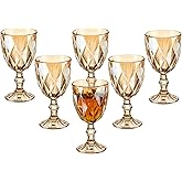 Vintage Wine Glasses Set of 6, 10 Ounce Colored Glass Water Goblets, Unique Embossed Pattern High Clear Stemmed Glassware Wedding Party Bar Glass Drinking Cups Fancy Wine Glasses Amber