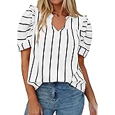 Tankaneo Womens Puff Sleeve Striped Blouses Dressy Casual V Neck Shirts Summer Trendy Loose Fit Tunic Tops