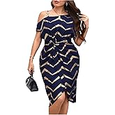 Floerns Women's Plus Size Printed Asymmetrical Neck Twist Dress Party Elegant Midi Dresses