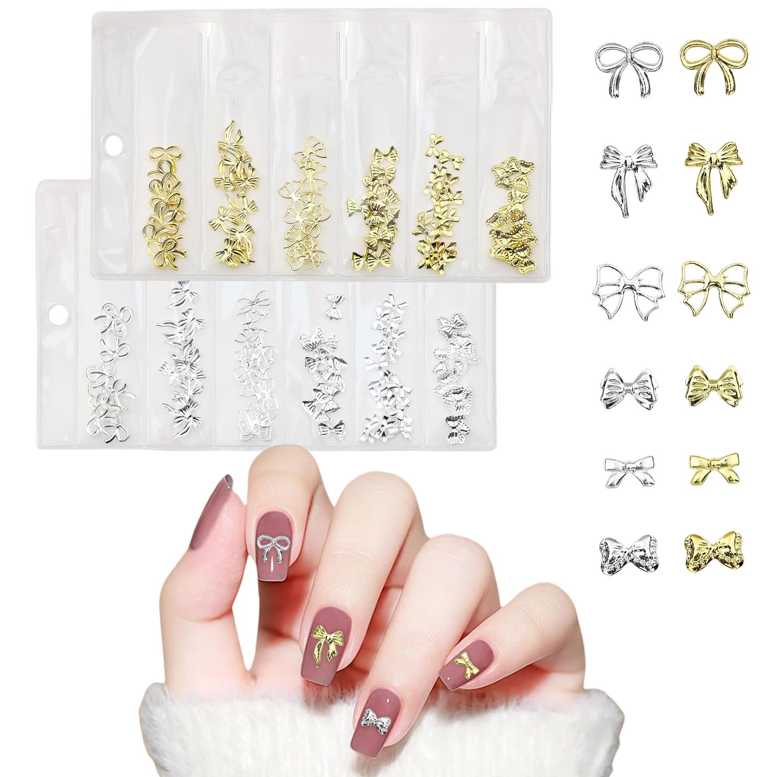 Gold Silver Bow Nail Charms, 120 Pcs Mixed Nail Art Bows Nail Studs Punk Metal Rivet Stickers Nail Jewels 3D Nail Art Decorations Accessories for Women Girls Nail Design DIY Crafts (Gold+Silver A)