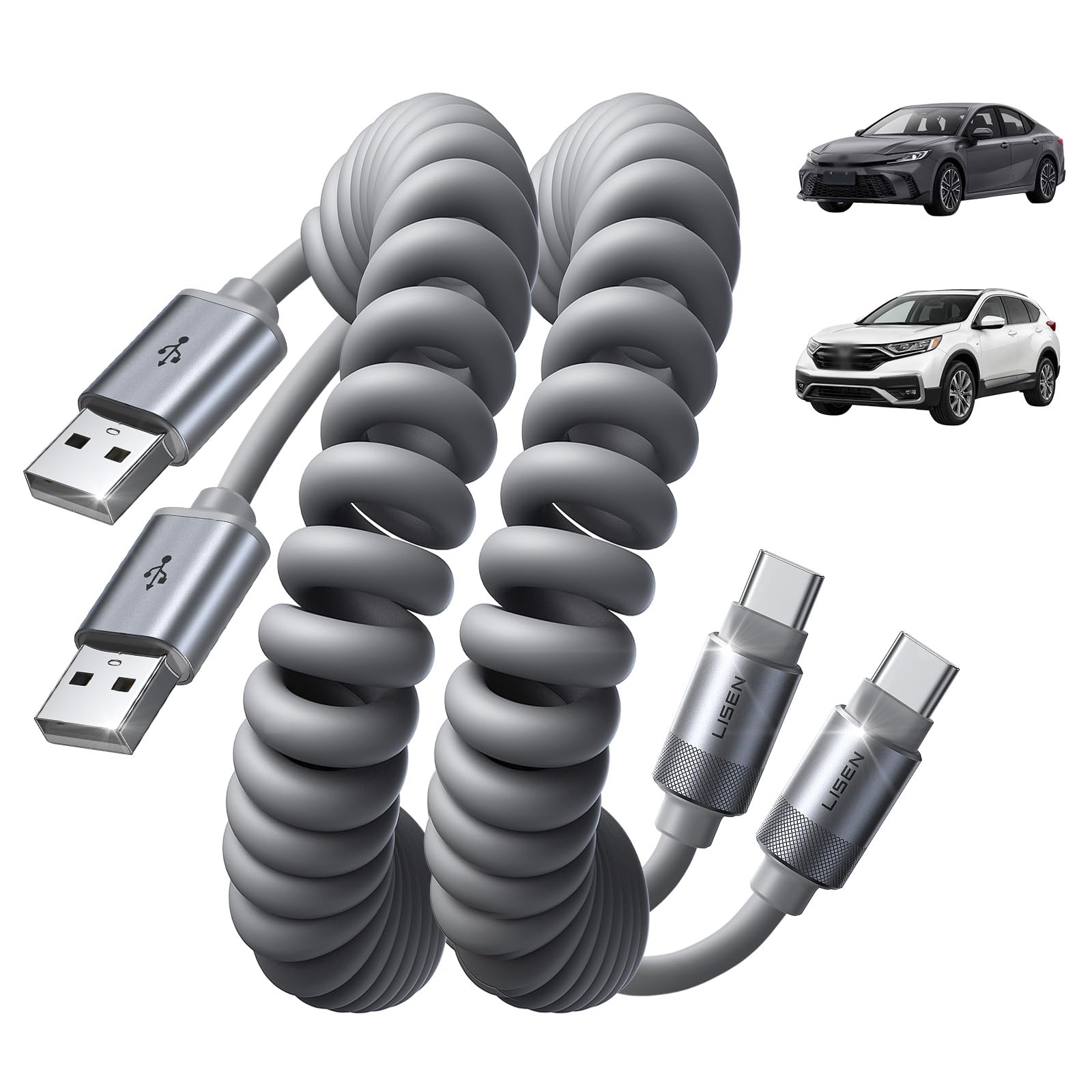 Photo 1 of LISEN Coiled USB C Cable, Durable Short USB A to USB C Cable 2 Pack for Android Auto & CarPlay Cable, Short Type C Retractable Car Charger Cord for iPhone 17/16/15 Samsung Galaxy S25/S24 A15, Gray 4FT
