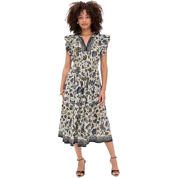 knee length dresses for ladies Amaia Cascading Ruffle Midi Dress - Terracotta Floral Print Silk Flutter Sleeve  Dress main image 1