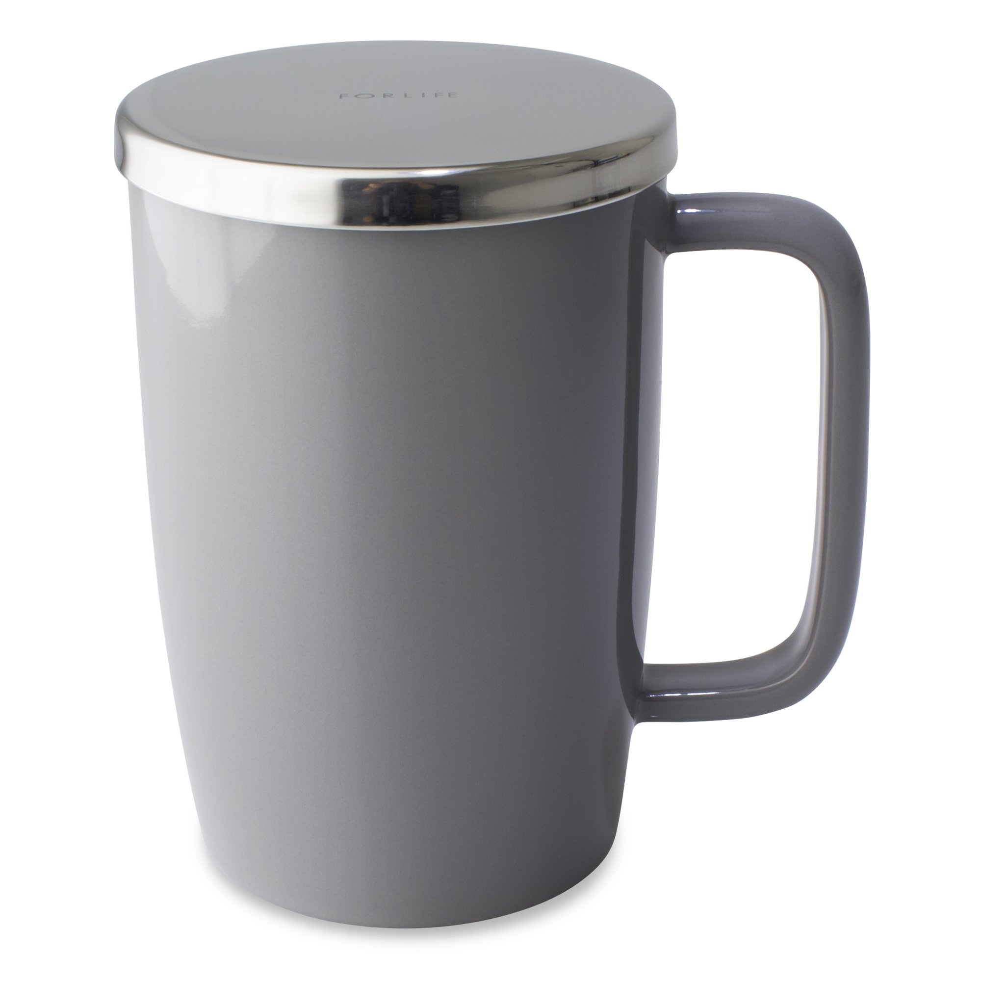 FORLIFE 610-GRY Dew Brew-in-Mug with Basket Infuser & Stainless Lid, Ceramic, Gray