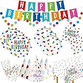 Birthday Plates & Napkins Party Supplies Set with Birthday Dots Design Banner Decorations Tablecloth Cups Napkins Happy Hats 9" & 7" Plates Tableware Kit