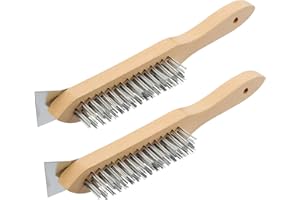 MAXMAN Stainless Steel Wire Scratch Brush, 12 Inch Wooden Handle Wire Brush with Metal Scraper, Heavy Duty Wire Brushes for Cleaning Rust, Paint Scrubbing, Dust and Other Hard Surfaces 2 Pieces
