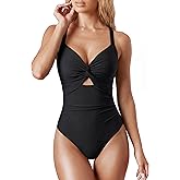 OQQ Women’s One Piece Swimsuit Tummy Control V Neck Twist Front Bathing Suit Cutout Full Coverage Slimming Swimwear