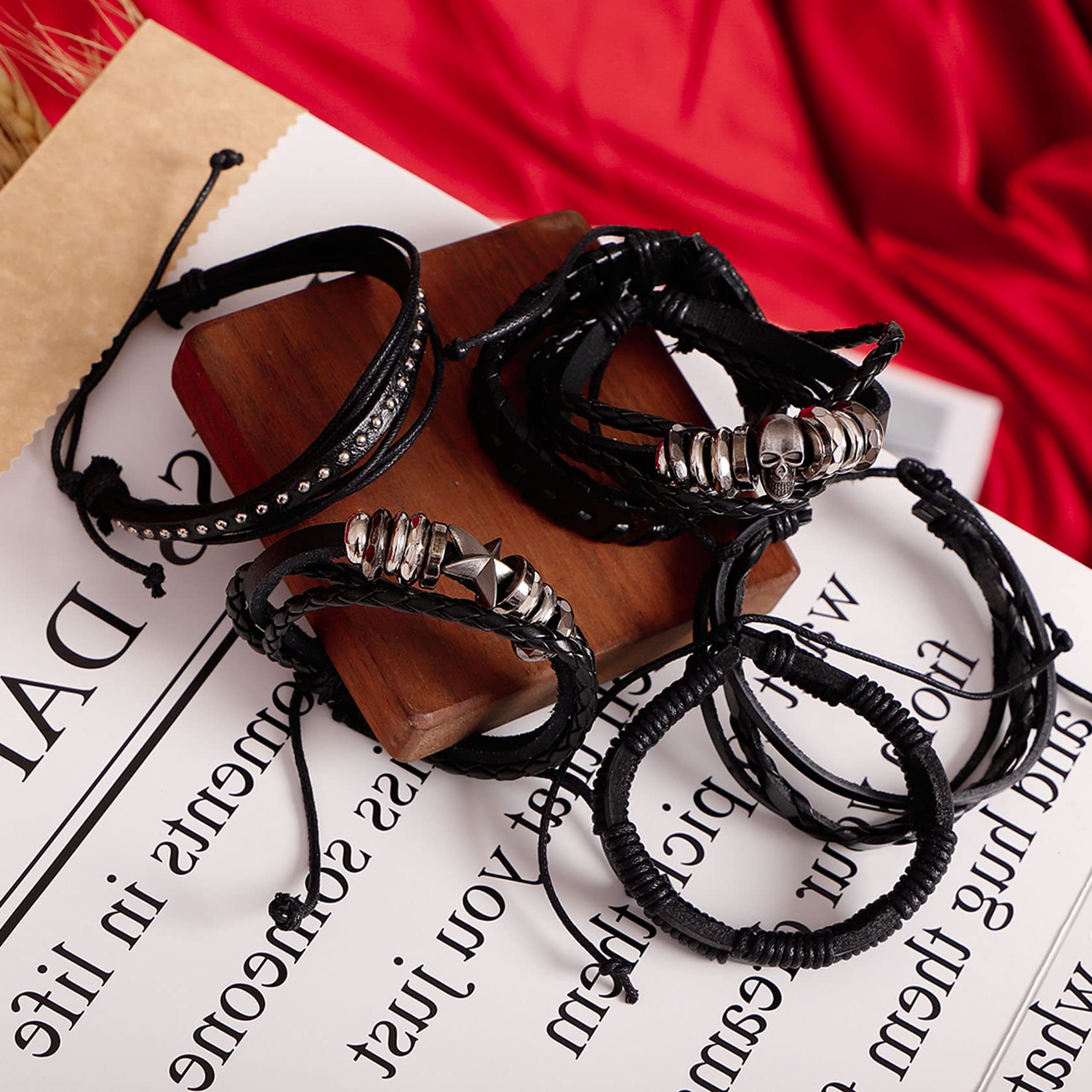 MILAKOO 6Pcs Punk Leather Bracelets for Women Men Braided PU Wristband Skull Skeleton Accessories