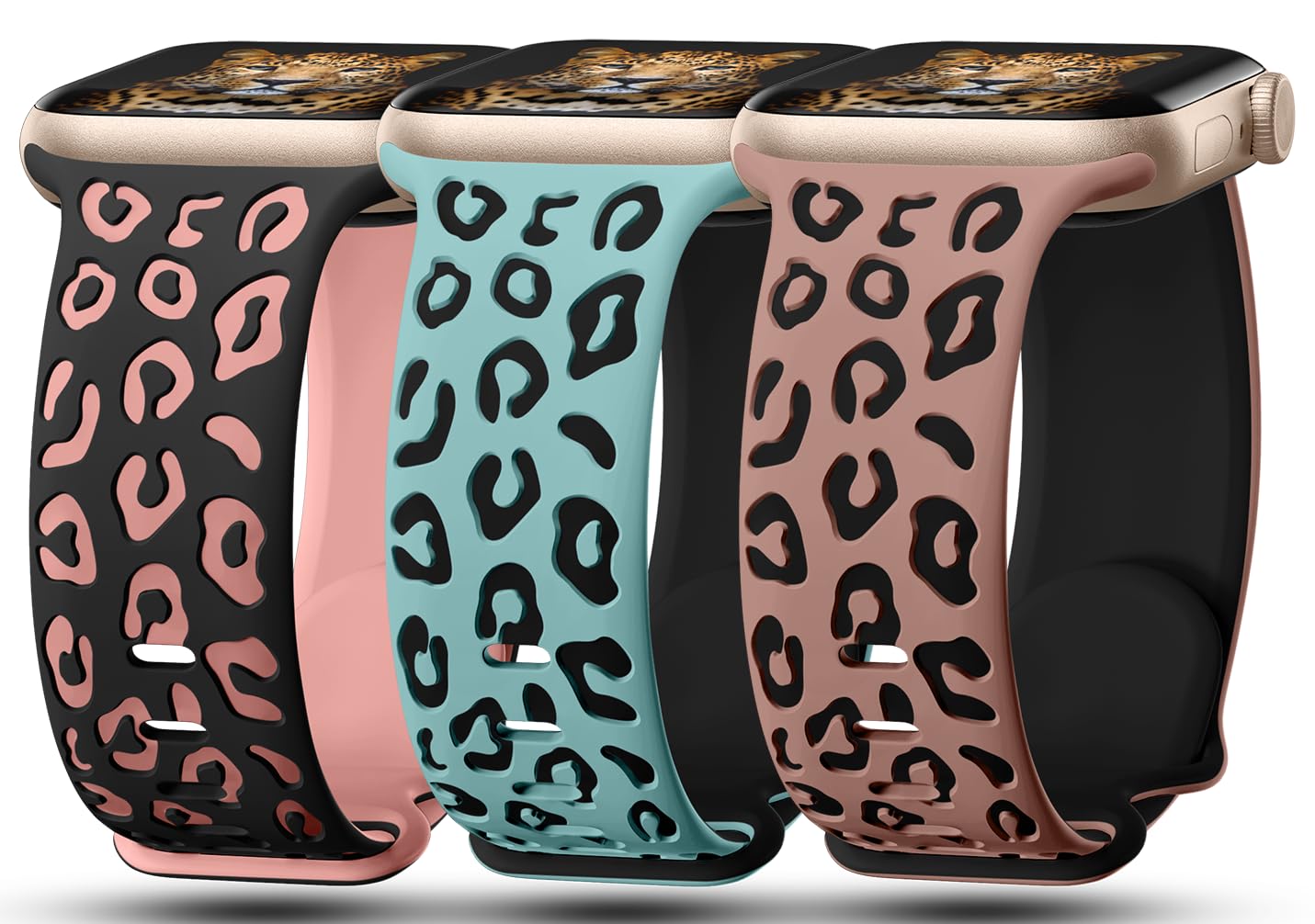 Photo 1 of 3 Pack Leopard Engraved Bands Compatible with Apple Watch Band 42mm 44mm 45mm 46mm 49mm Women, Soft Silicone Cheetah Embossed Sport Strap for iWatch Series 10 9 8 7 6 5 4 3 2 1 Ultra.SVB,BKP,CSB