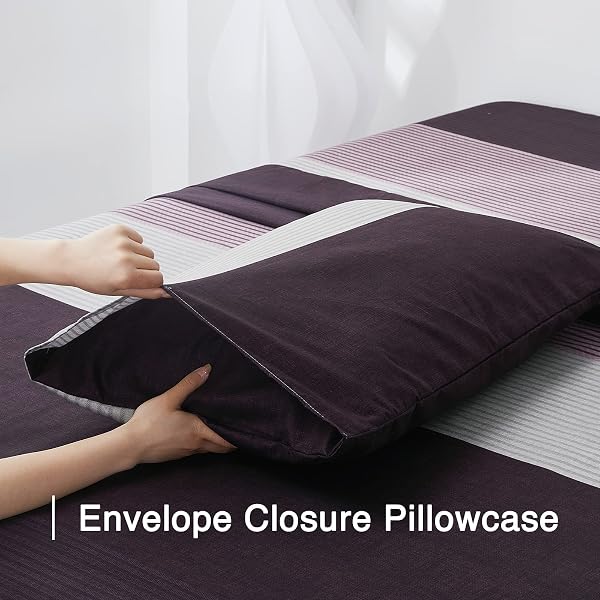 8HMOON STRIPED BED SHEET SET SOFT MICROFIBER WRINKLE FREE FULL SHEET SET – 1 FITTED SHEET, 1 FLAT SHEET AND 2 PILLOWCASES – ELASTIC DEEP POCKET 4 PIECE BEDDING SET (PURPLE, FULL)