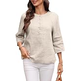 vinglam Women's 100% Linen Tops 3/4 Sleeve Henley Button up Shirt Crewneck Elbow Sleeve 2026 Summer Casual Blouse