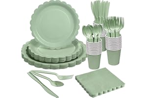 Goodluck 175 Pcs Sage Green Paper Plates and Cutlery Set,Party Plates for 25, 7 Inch and 9Inch Scalloped Paper Plates,Plastic