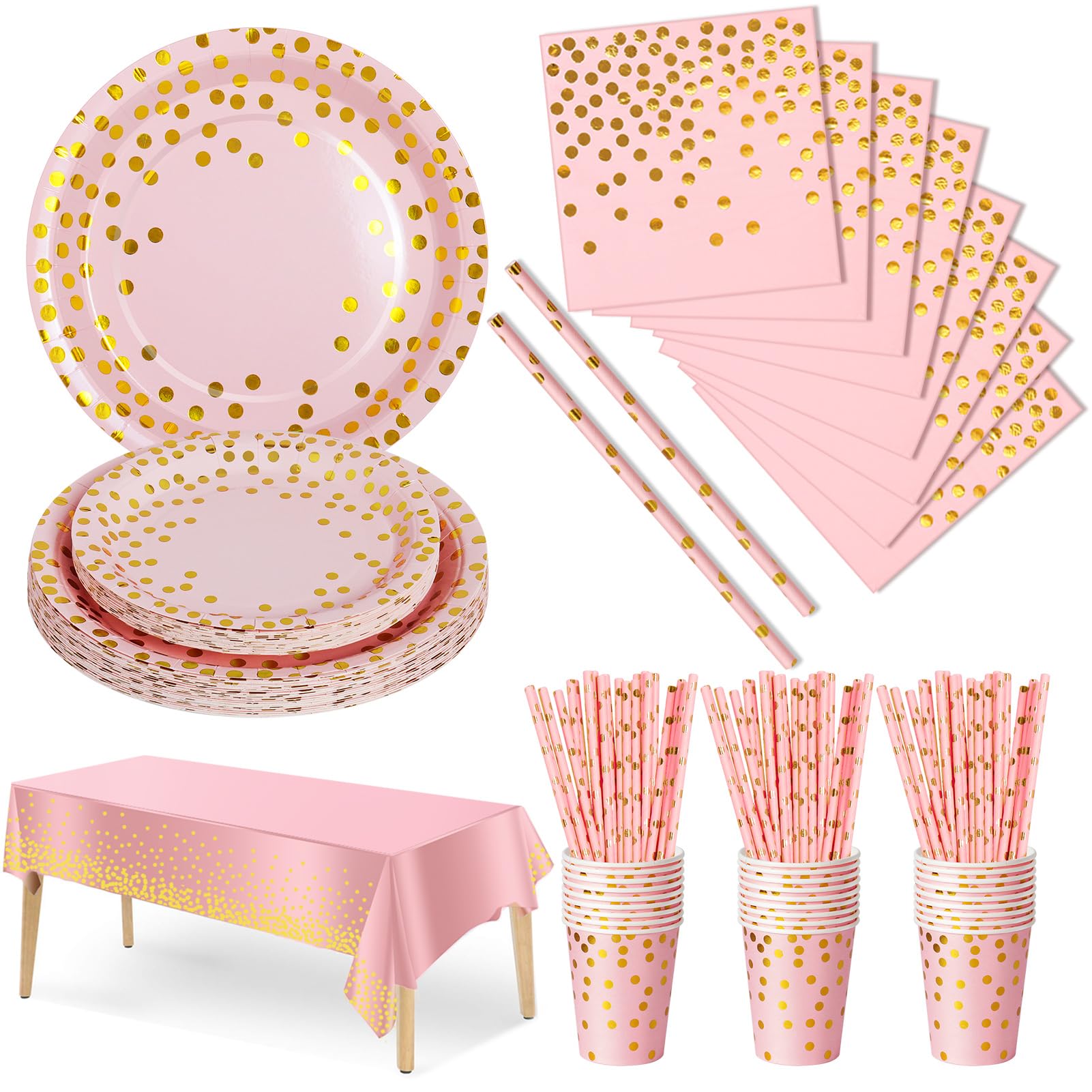 Nkaiso Party Tableware 126 Piece Pink Gold Paper Tableware Set Includes Birthday Paper Plates Napkins Cups Straws for Wedding Shower Engagement Wedding Birthday-25 Guests